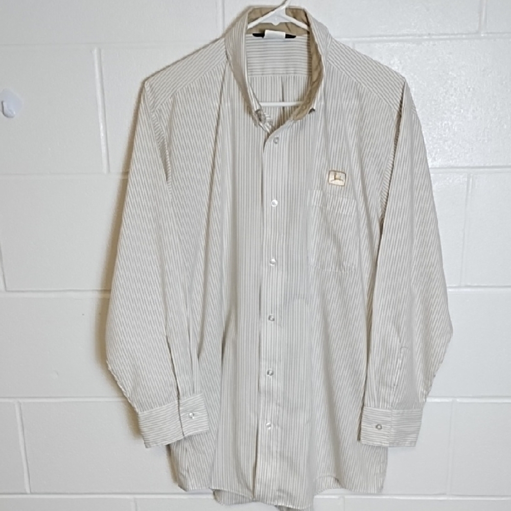 White Tan Mini Stripe Casual Button Down 1 Pocket John Deere Shirt